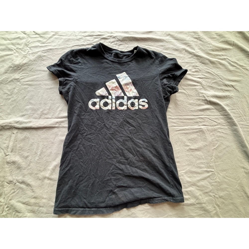 Adidas The Go-To Tee Womens Small Black Floral Graphic Logo Short Sleeve T-Shirt